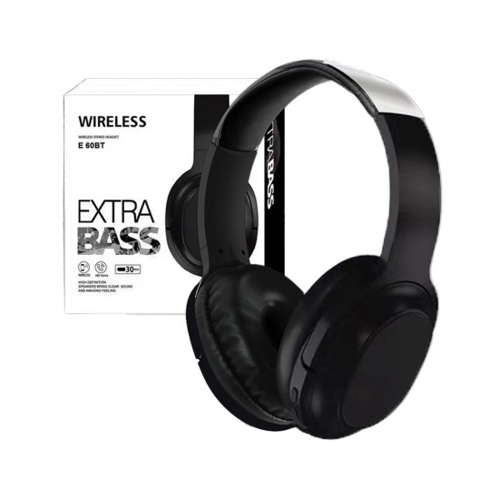 Auscultadores Sem Fio Estéreo Hifi E 60BT com Microfone e Controle de Volume Preto Auscultadores Sem Fio Estéreo Hifi E 60BT com Microfone e Controle de Volume Preto